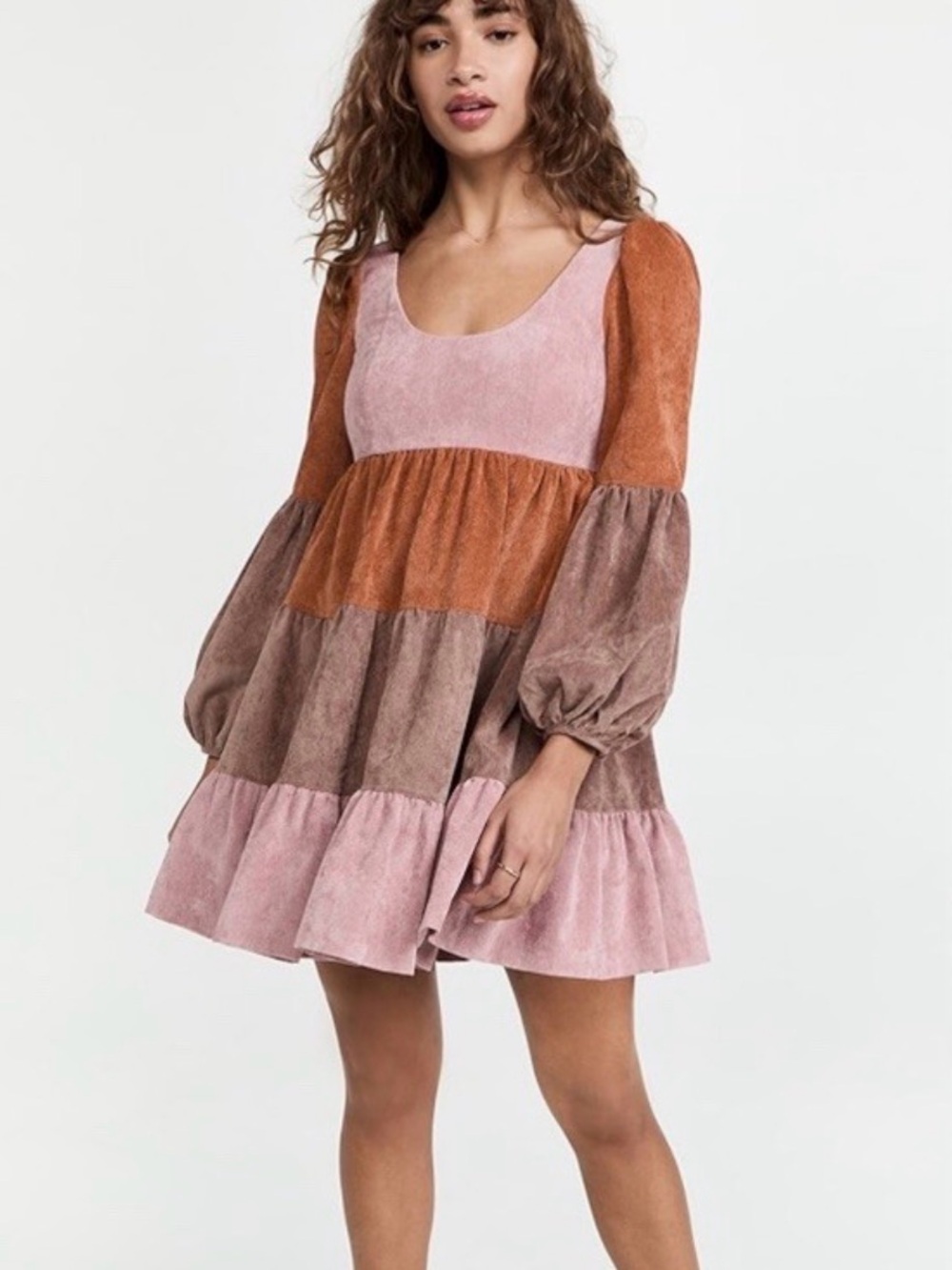cinq a sept Pink, Rust and Taupe Tiered Long-Sleeve Mini Dress